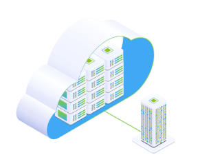 Beratung und Management zum Thema Cloud Transition, symbolisch durch große Wolke mit vielen kleinen Servern und ein allein stehender Server dargestellt.